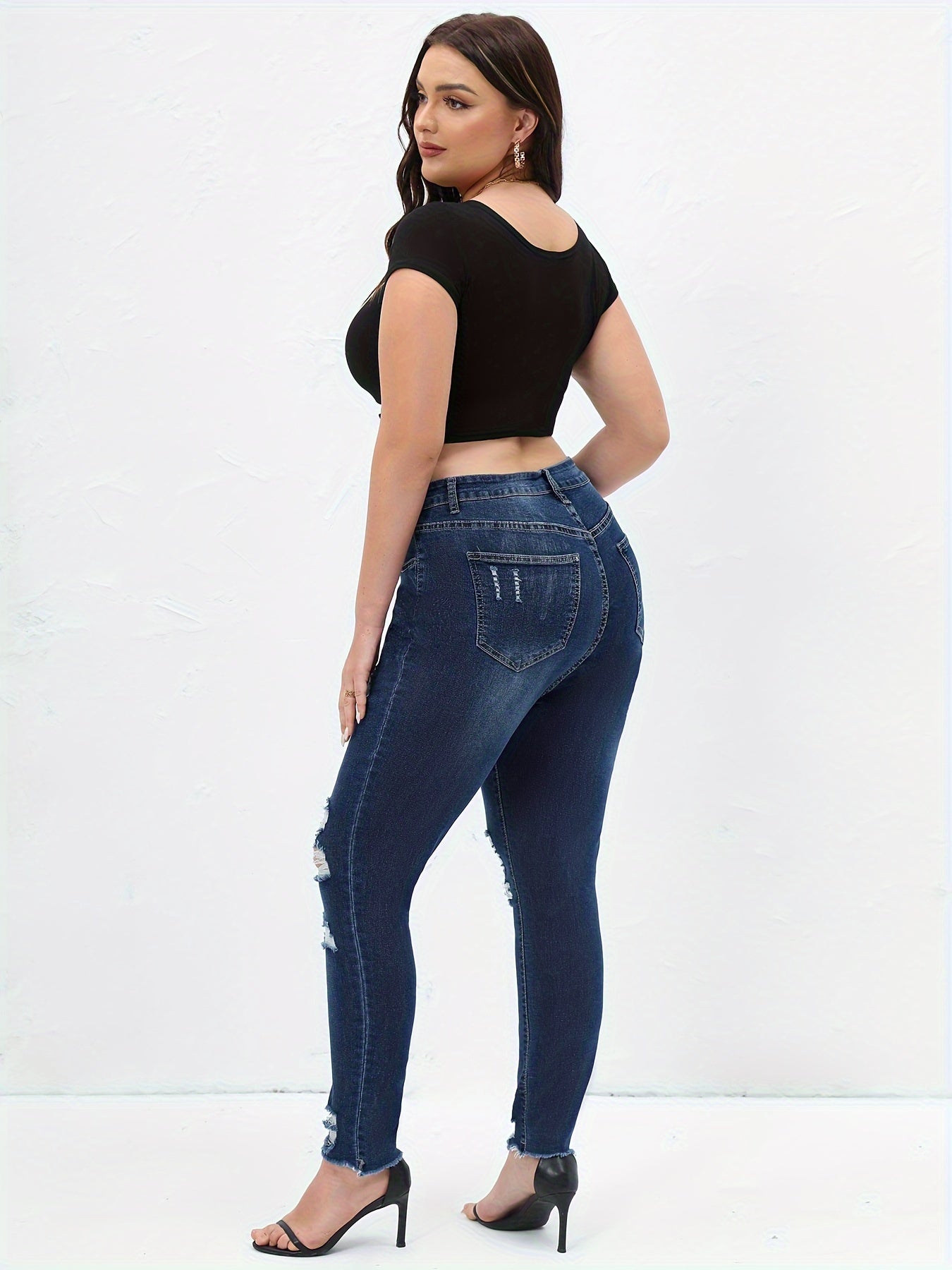  Casual Jeans Women's Plus Solid Ripped Skinny Jeans