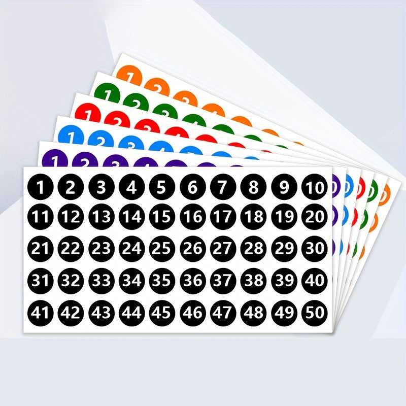 Waterproof Numbered Labels/Stickers 1-50, 6 Colors, Strong Adhesion