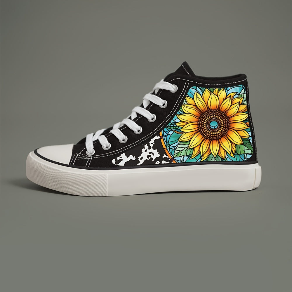 Flower Print Chunky Canvas Sneakers High Top Skate Shoes