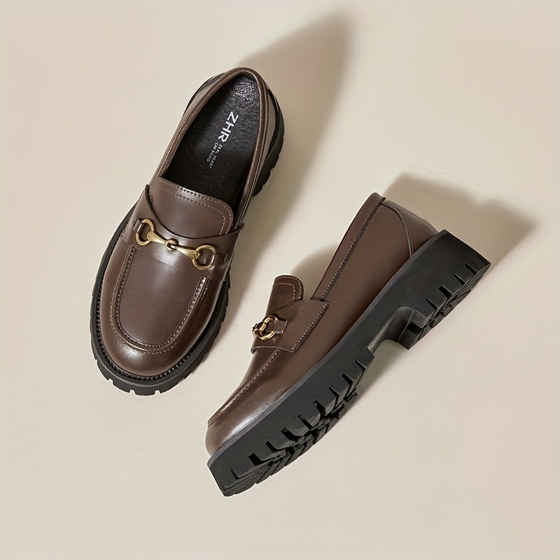 Women's Metal Decor Loafers Slip On Chunky Heel Shoes