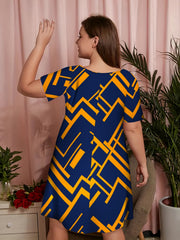  Geometric Print Short Sleeve Stretch Dress
