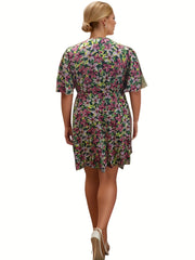 Floral Print Short Sleeve Surplice Neck Mini Dress