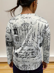  Graffiti Print Long Sleeve V Blouse