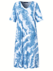  Tie Dye Short Sleeve V Neck Maxi Dress