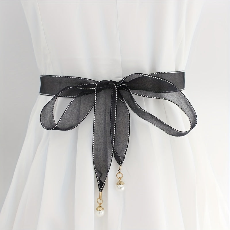 Faux Pearl Pendant Sash Belt Ribbon Bow Belts for Women