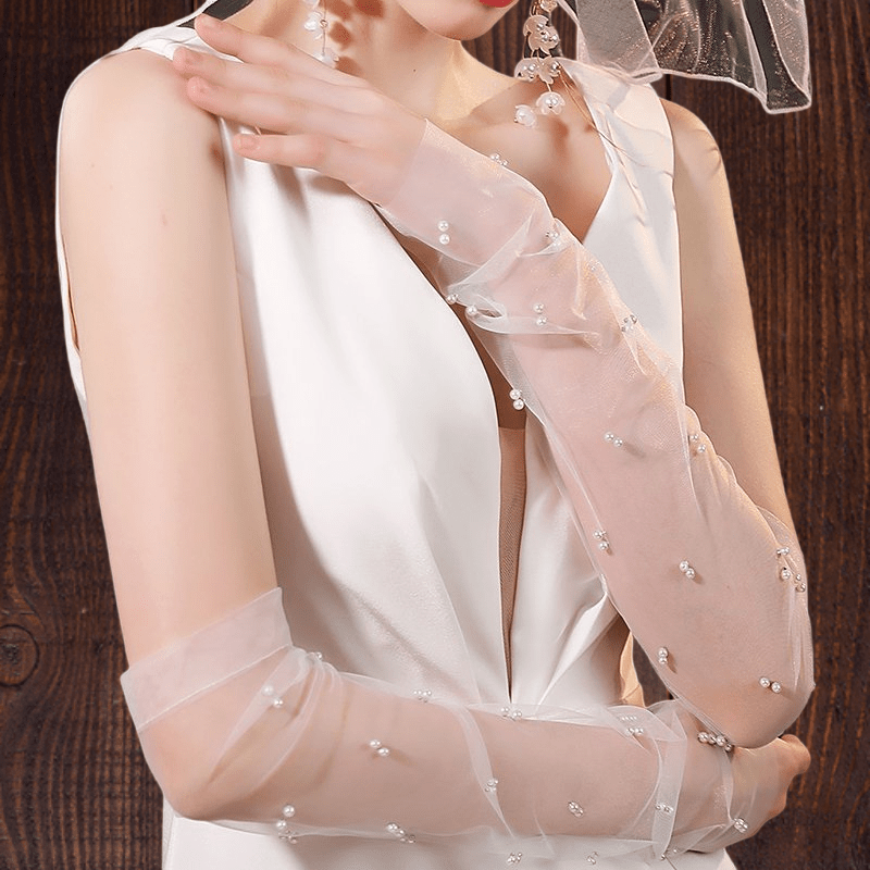Bride's Long Sheer Veil with Pearl Arm Sleeves Wedding Accessory