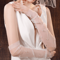 Bride's Long Sheer Veil with Pearl Arm Sleeves Wedding Accessory