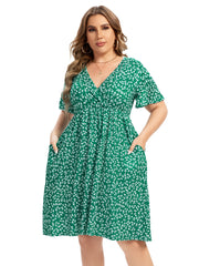  Floral Print Short Sleeve V Neck Dress With Pockets