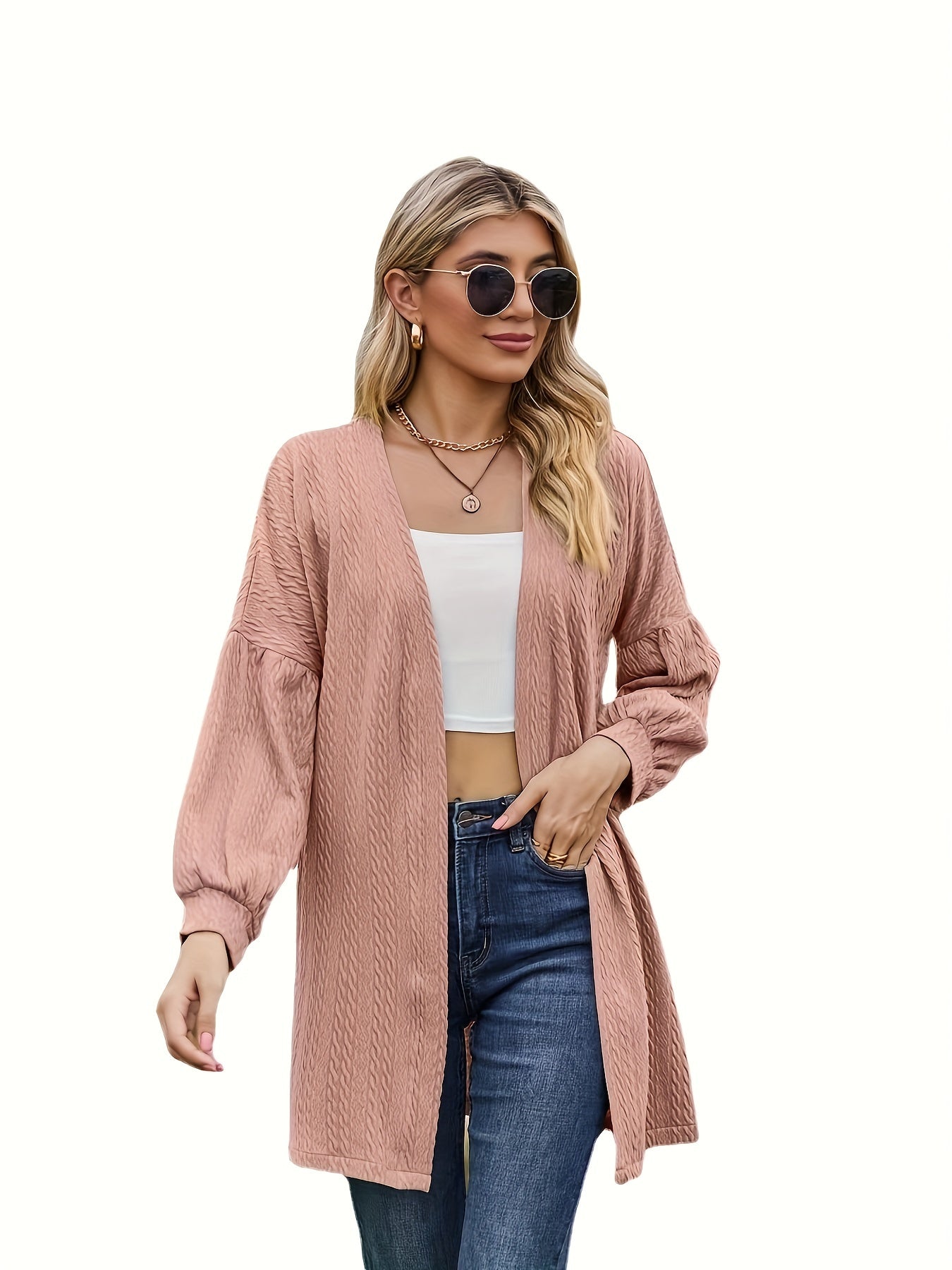  Solid Jacquard Lantern Sleeve Open Front Cardigan