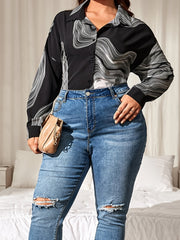  Retro Blouse Women's Plus Abstract Stripe Print Long Sleeve