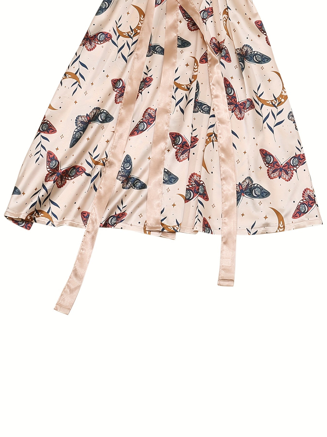  Satin Butterfly Print Long Sleeve Sleepwear Robe