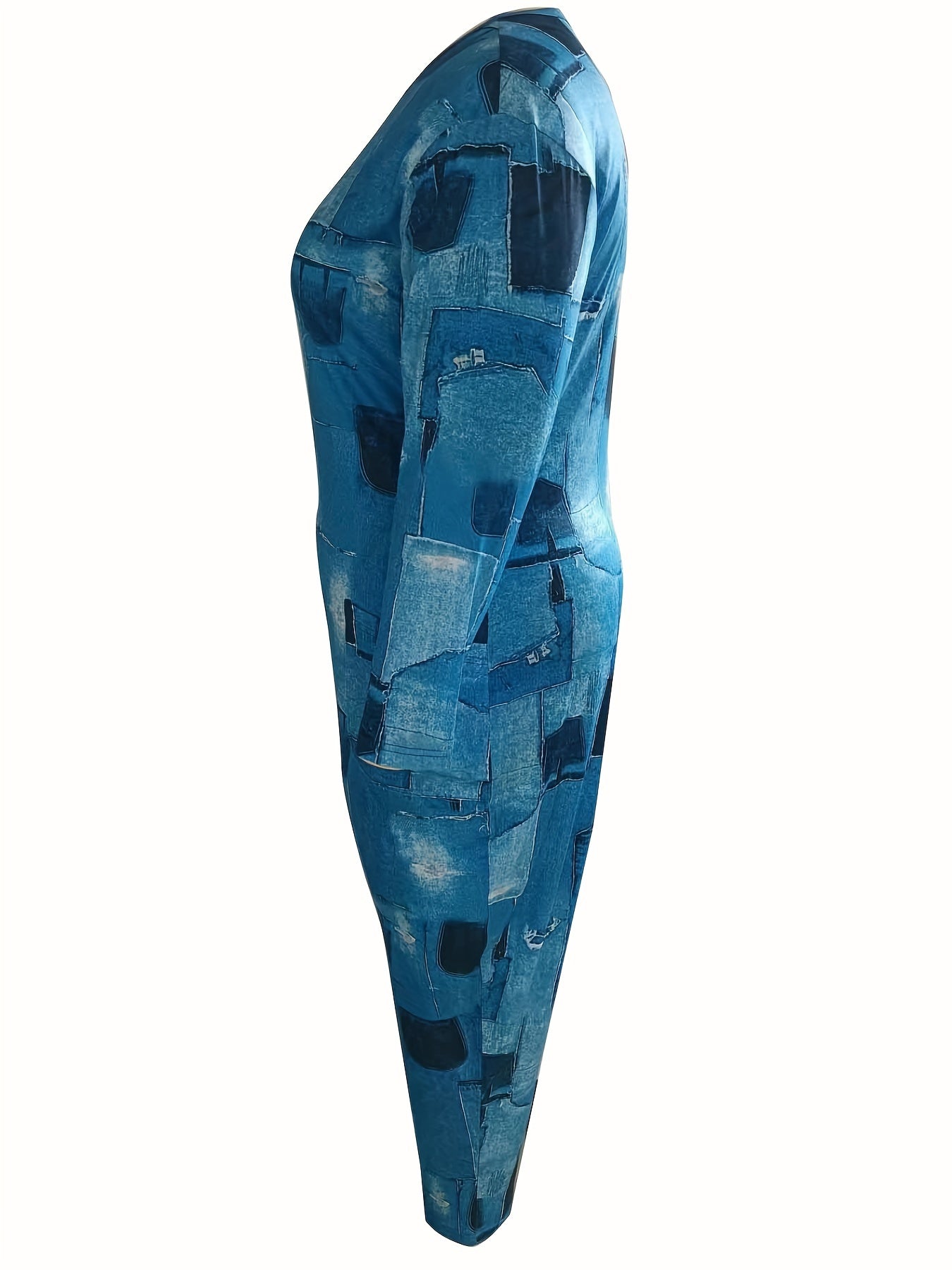  Denim Print Long Sleeve V-Neck Jumpsuit