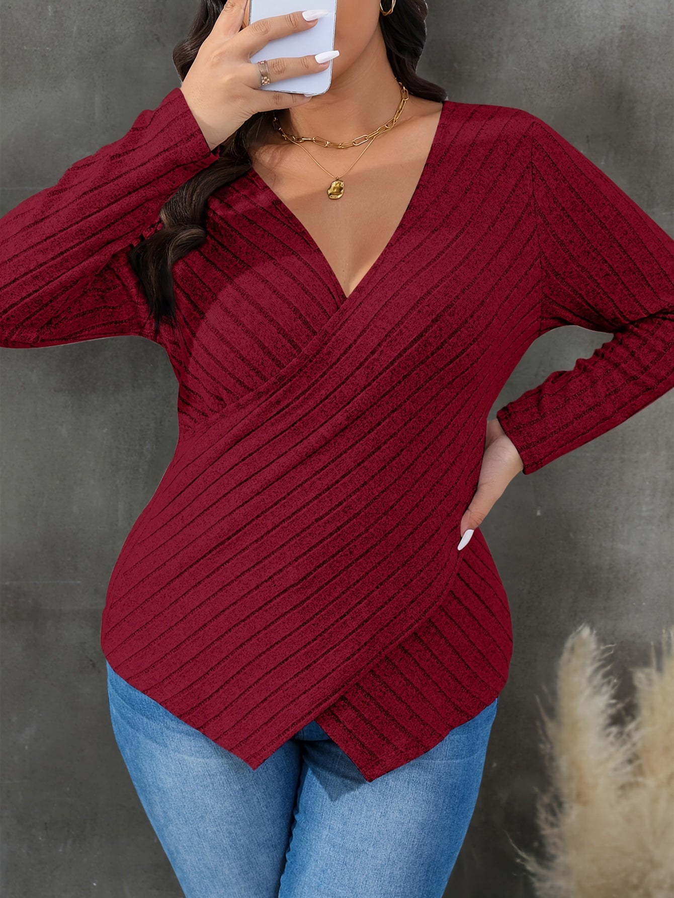  Colorblock Cross V Neck Knit Top Long Sleeve