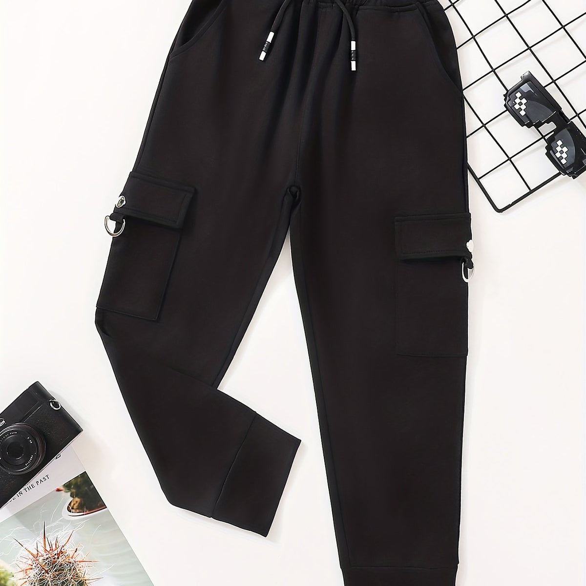 Boys Casual Solid Cargo Pants Elastic Waist Jogger Pants