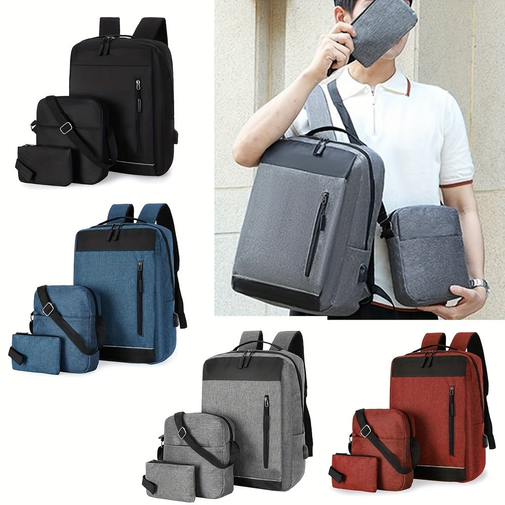 3pcs Business Commuter Laptop Backpack Set with USB Charging Port