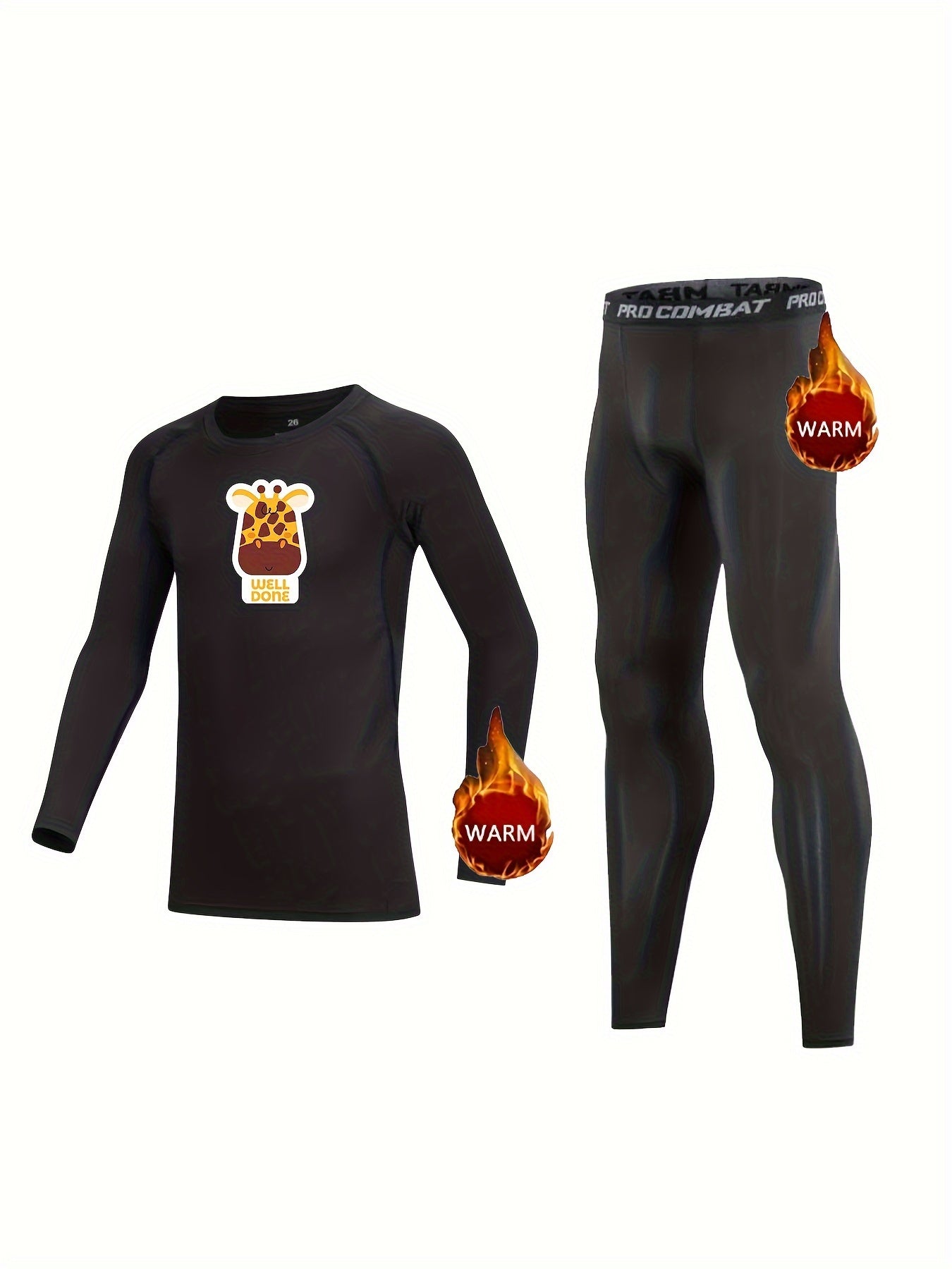 Kids Compression Fleece Set, Deer Pattern, Long Sleeve, Elastic Waist Pants