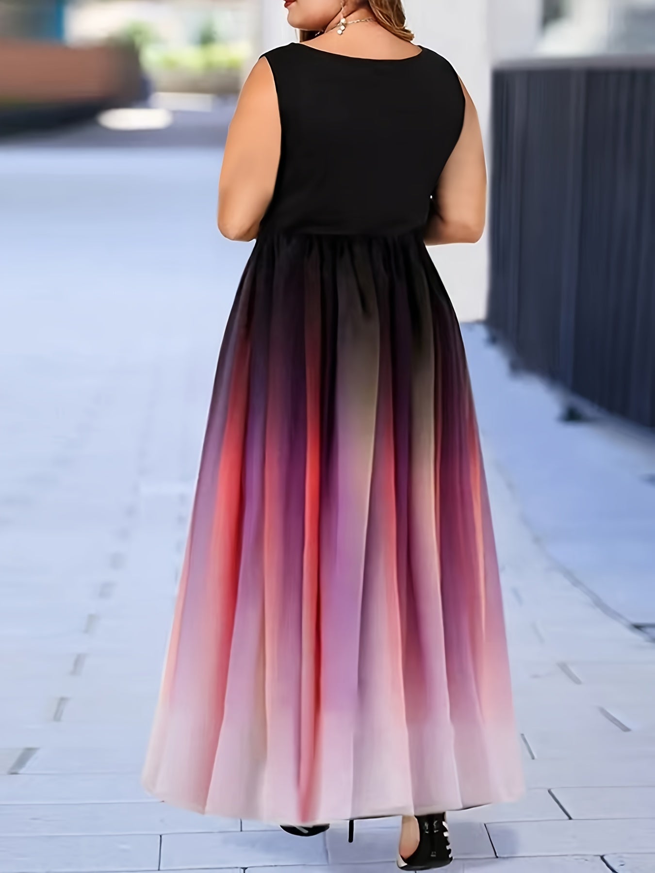  Colorblock Ombre Print Round Neck Tank Dress