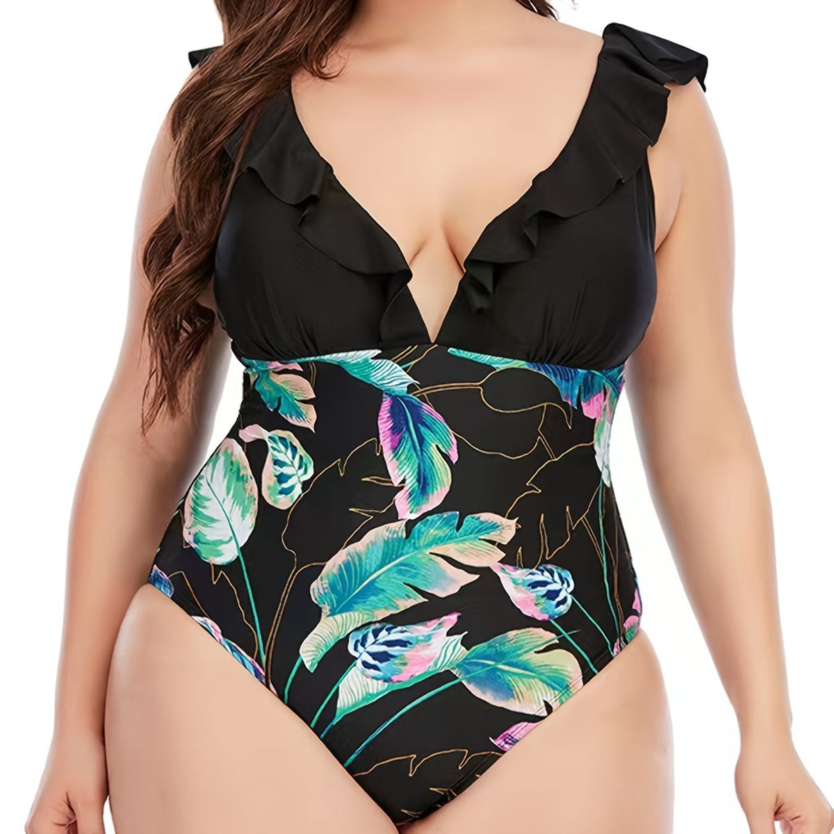  Colorblock Floral Print Ruffle Trim One Piece Swimsuit