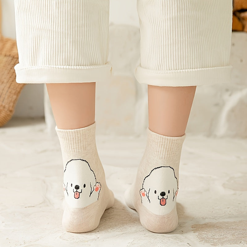 5 Pairs Cartoon Dog Print Socks Women's Mid Tube Stockings Cute & Comfy