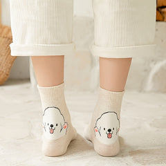 5 Pairs Cartoon Dog Print Socks Women's Mid Tube Stockings Cute & Comfy