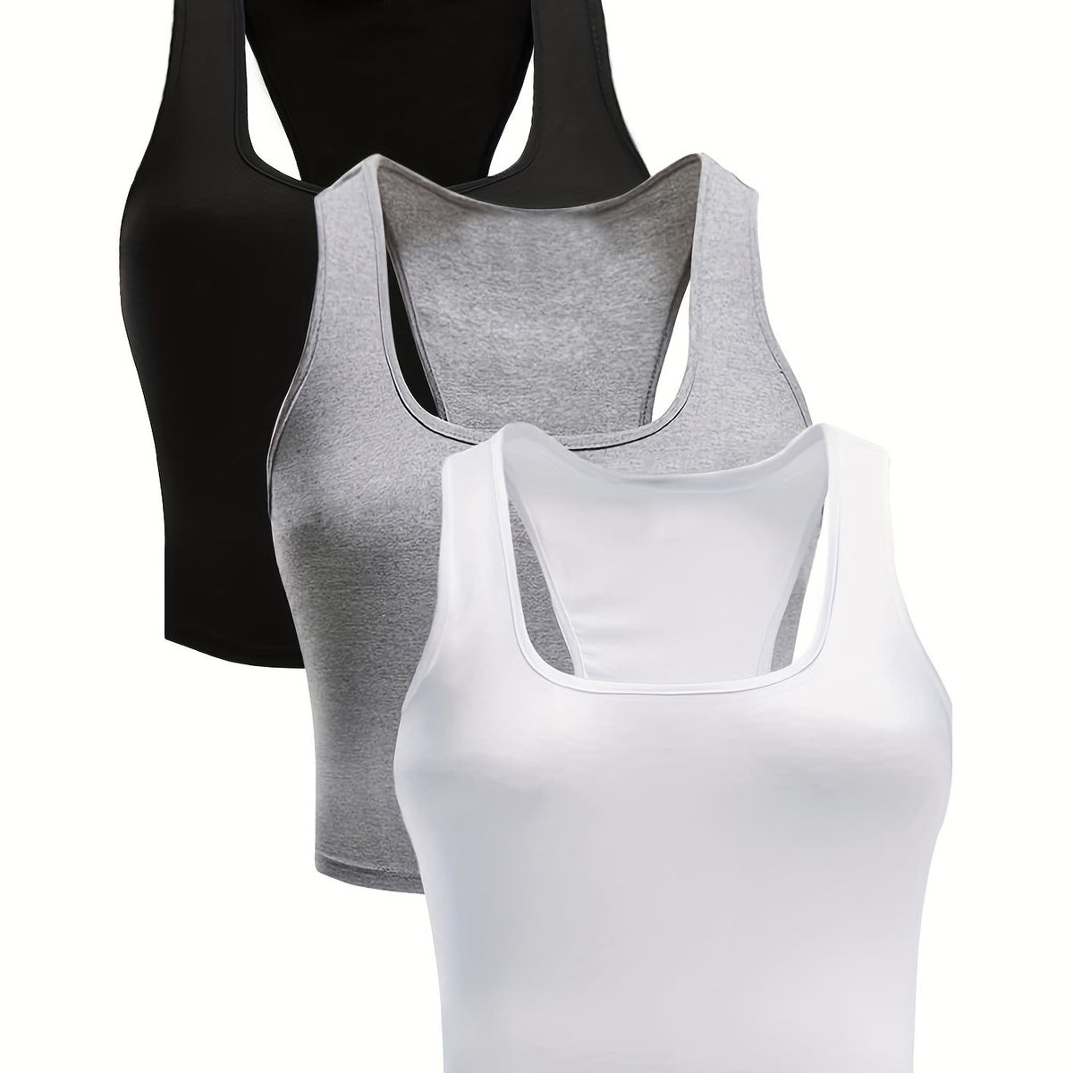 3 Pack Plus Size Tank Top Set Women's Plus Plain Round Neck Medium Stretch Tank