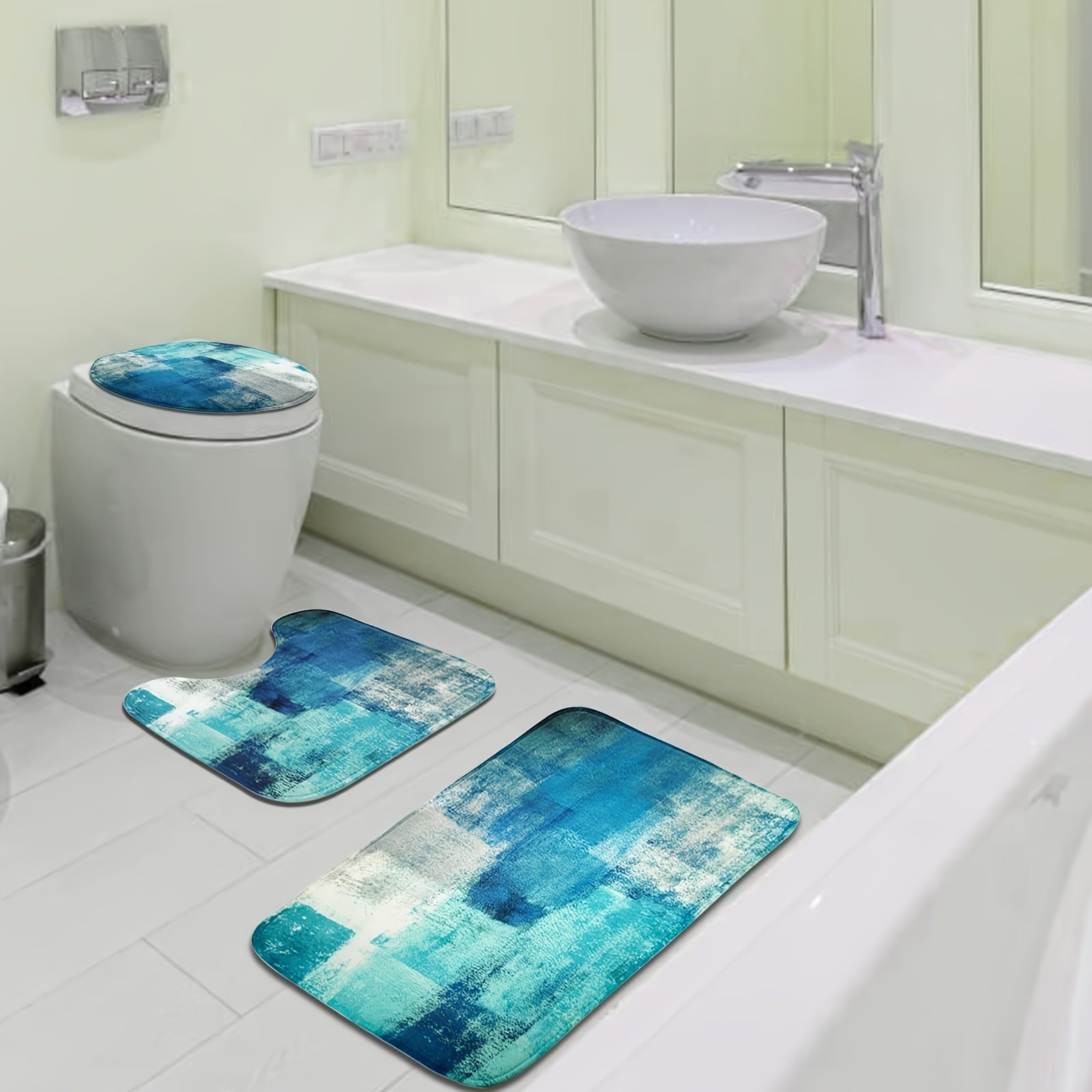 4-Piece Abstract Bathroom Set: Shower Curtain, Rugs, Non-Slip Bath