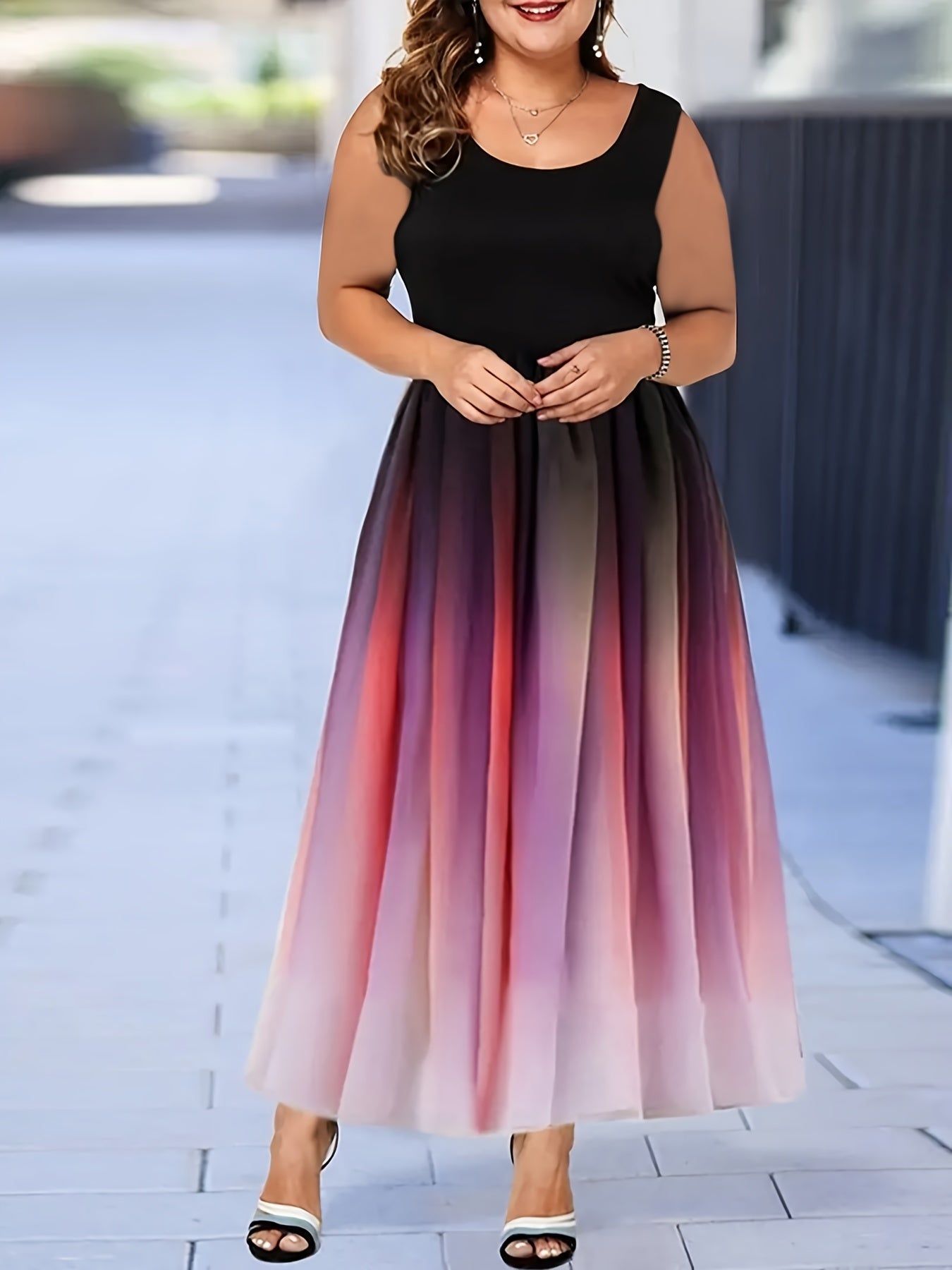  Colorblock Ombre Print Round Neck Tank Dress