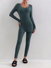 Ribbed Two piece Set Long Sleeve Side Split Top & Pants Outfits
