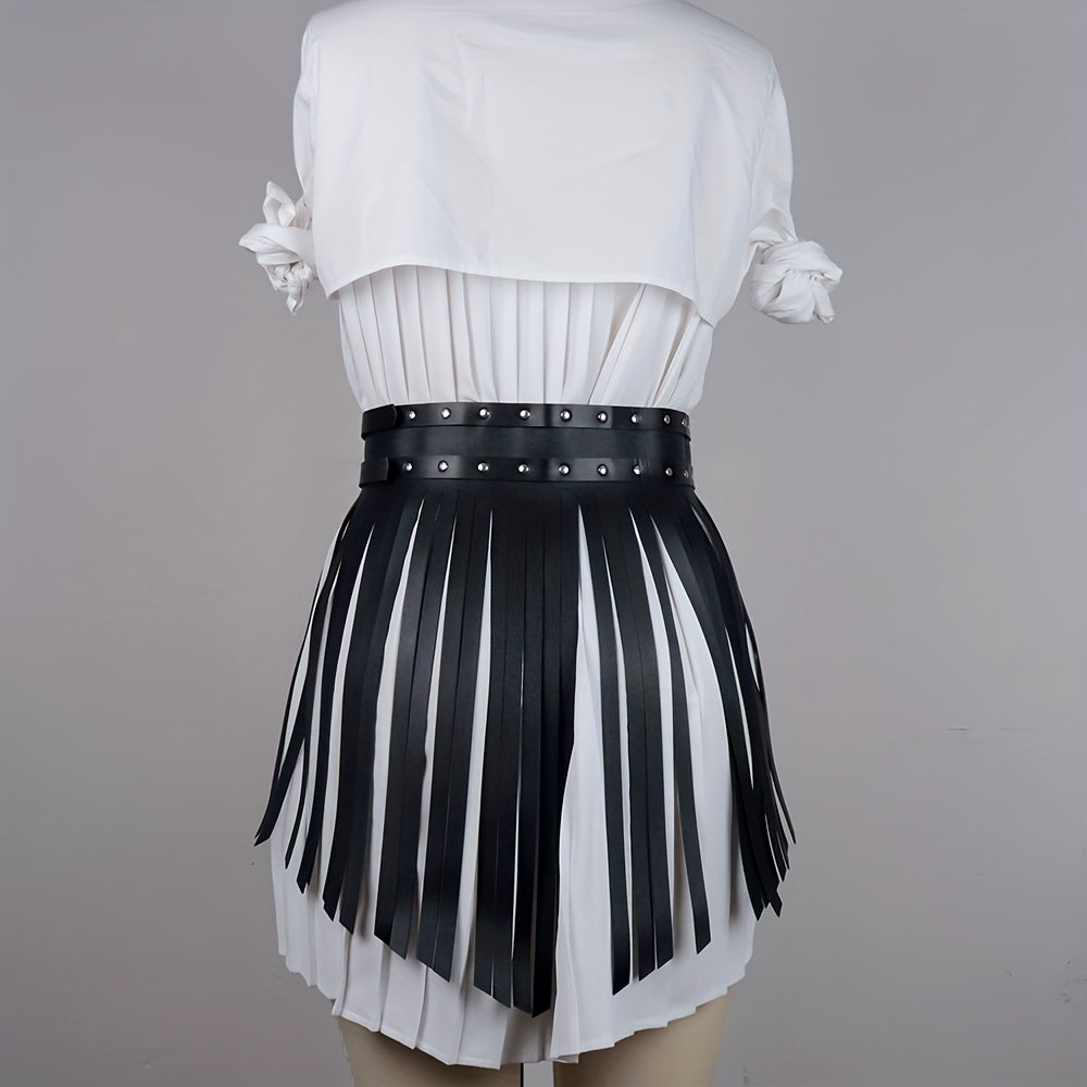 PU Leather Tassel Skirt Waistband Punk Adjustable Waist Belt