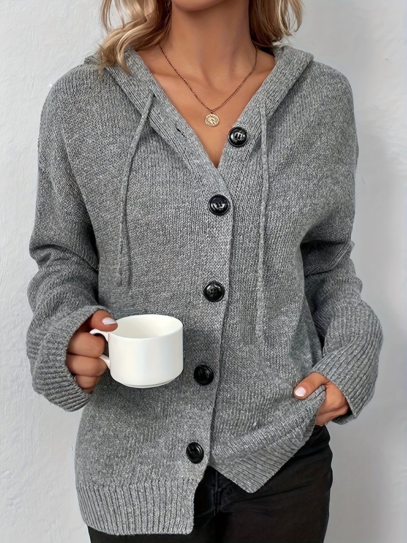  Solid Button Up Hooded Cardigan