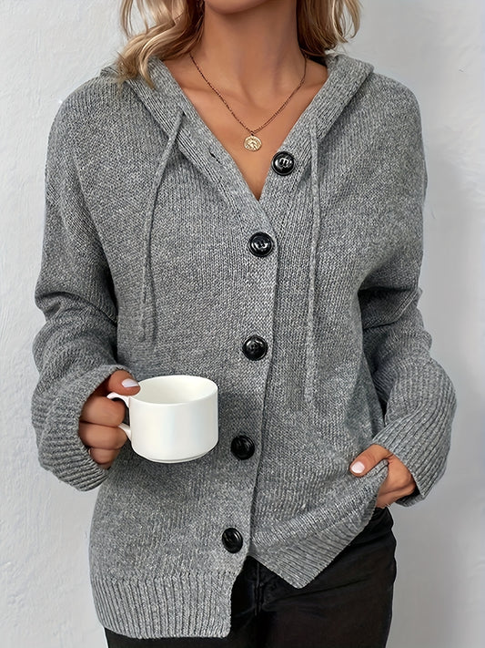  Solid Button Up Hooded Cardigan