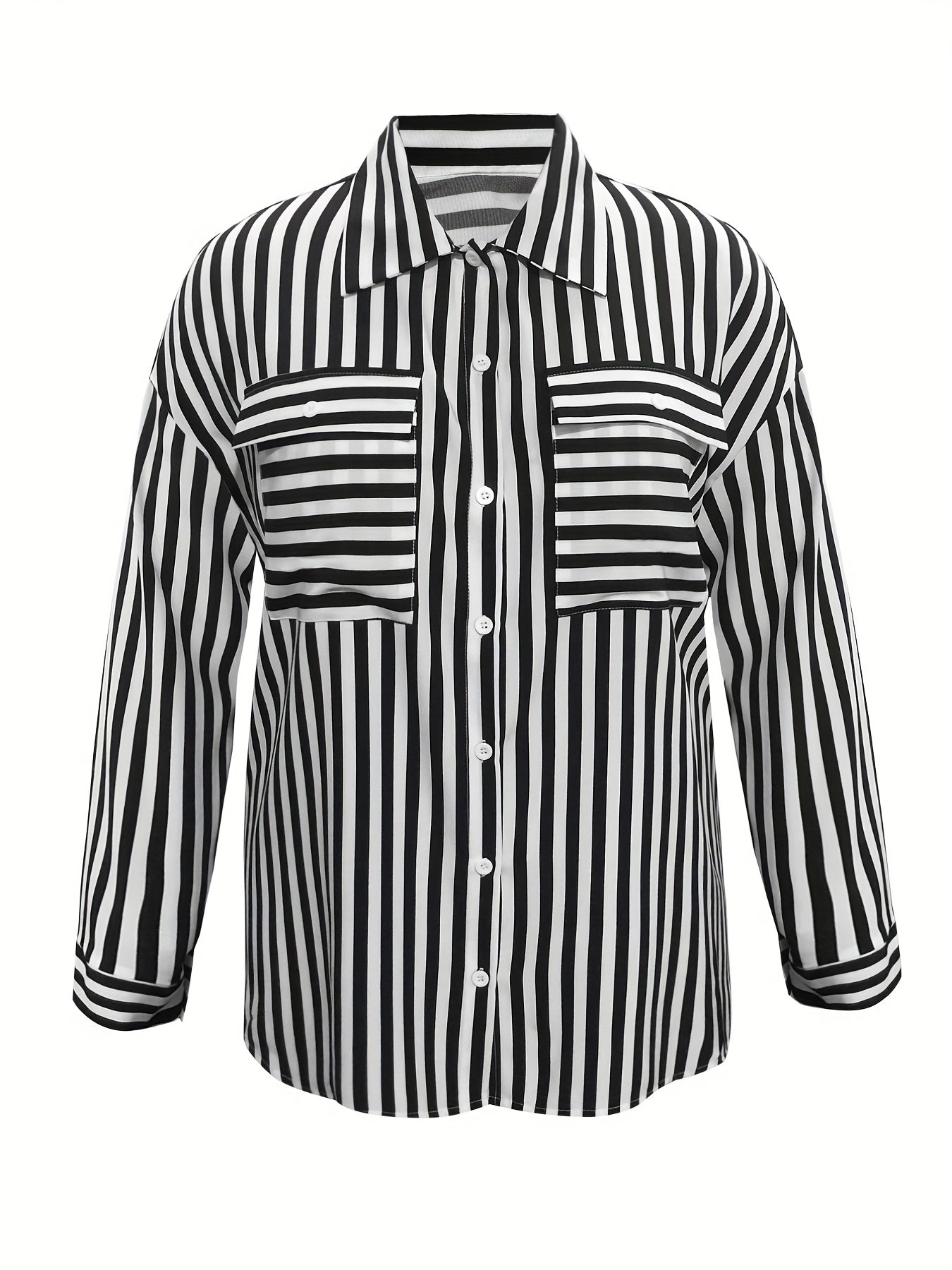  Stripe Print Long Sleeve Button Up Blouse