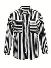  Stripe Print Long Sleeve Button Up Blouse