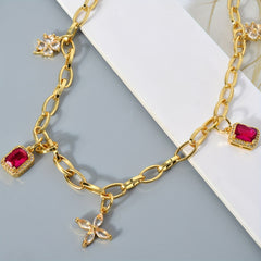 Adjustable Copper Necklace with Four Leaf Clover & Red Cubic Zirconia Pendant