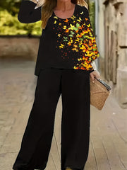  Butterfly Print Long Sleeve Tee & Wide Leg Pants Outfit Set