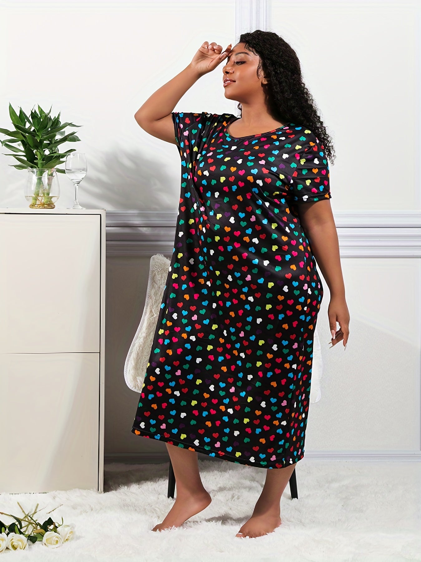  Colorful Heart Print Round Neck Stretch Nightdress