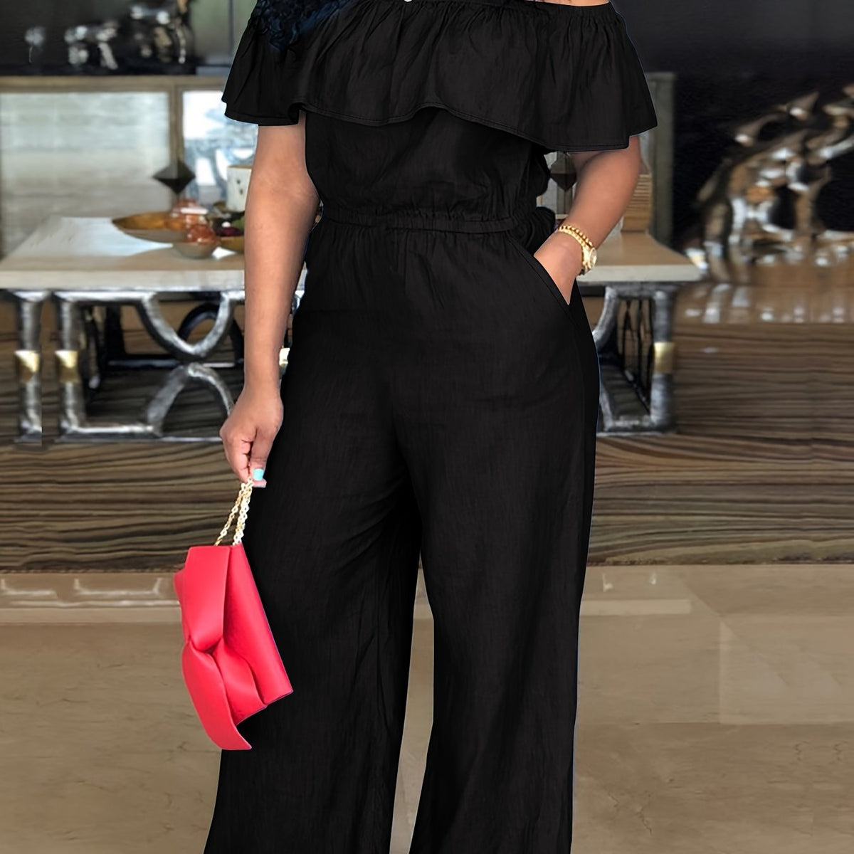  Sexy Jumpsuit Women's Plus Solid Ruffle Trim Off Shoulder Wide Leg Jum