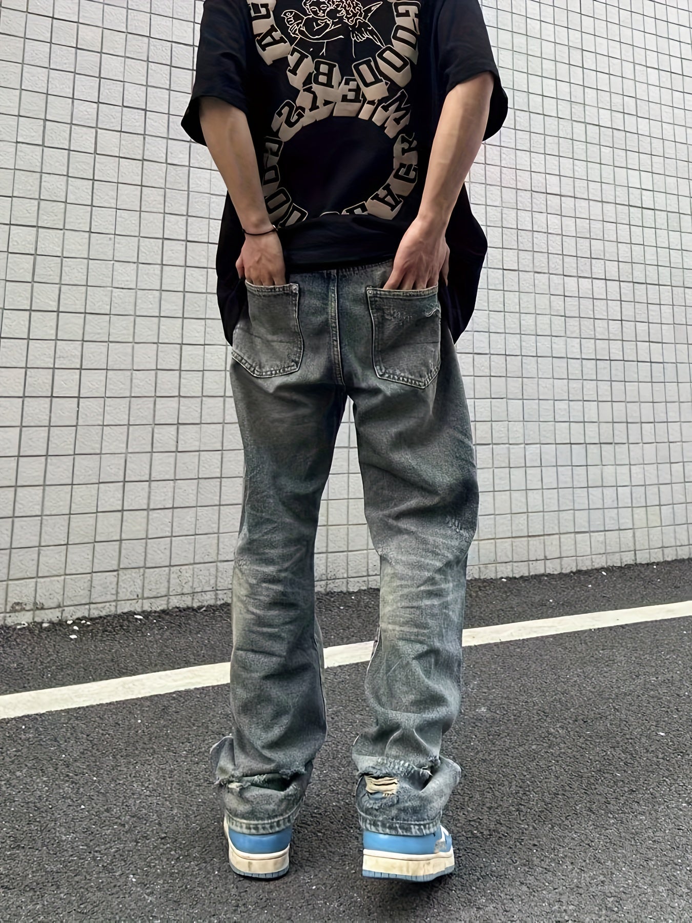 Men's Distressed Cotton Jeans Casual Street Style Denim Pants