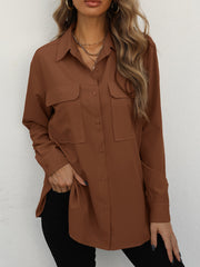  Solid Button Up Long Sleeve Blouse With Pockets