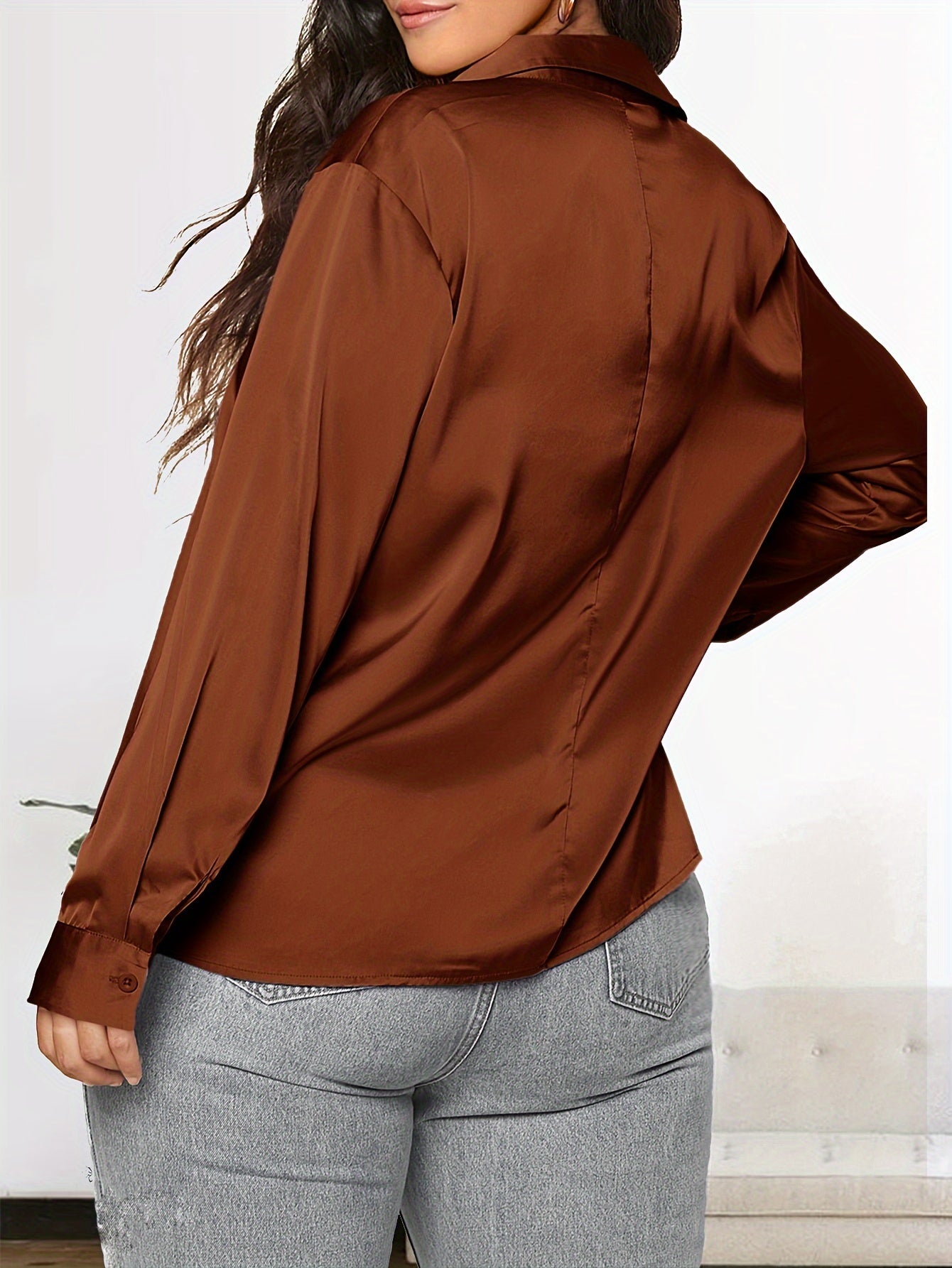  Solid Satin Long Sleeve Button Up Lapel Collar Shirt Top