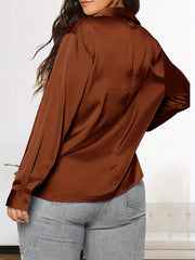  Solid Satin Long Sleeve Button Up Lapel Collar Shirt Top