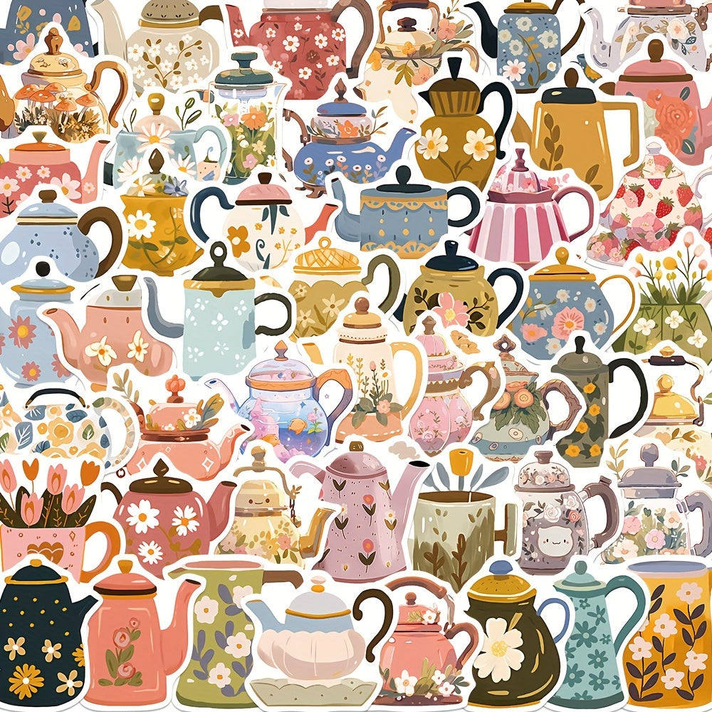 50 Colorful Flower Teapot Graffiti Stickers Waterproof DIY Stickers