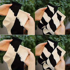 Colorblock Print Ribbed Socks Comfy Mid Tube Stockings