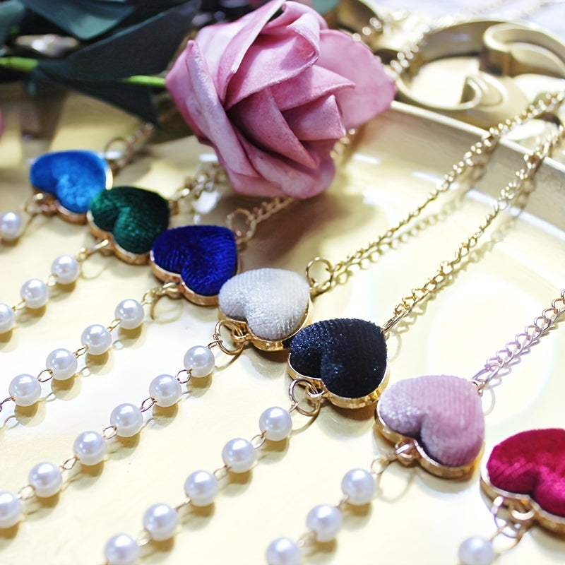 Velvet Double Heart Pendant Mask Chain with Faux Pearl Detail