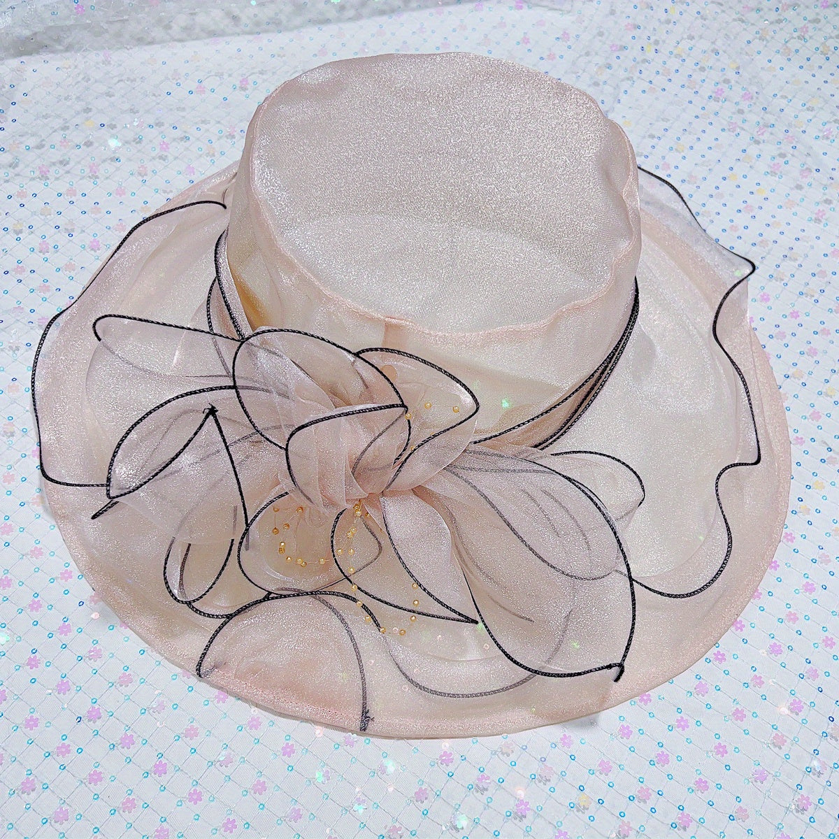 Women's Wide Brim Fedora Cap Mesh Sun Hat Leaf Flower Bridal Wedding Hat