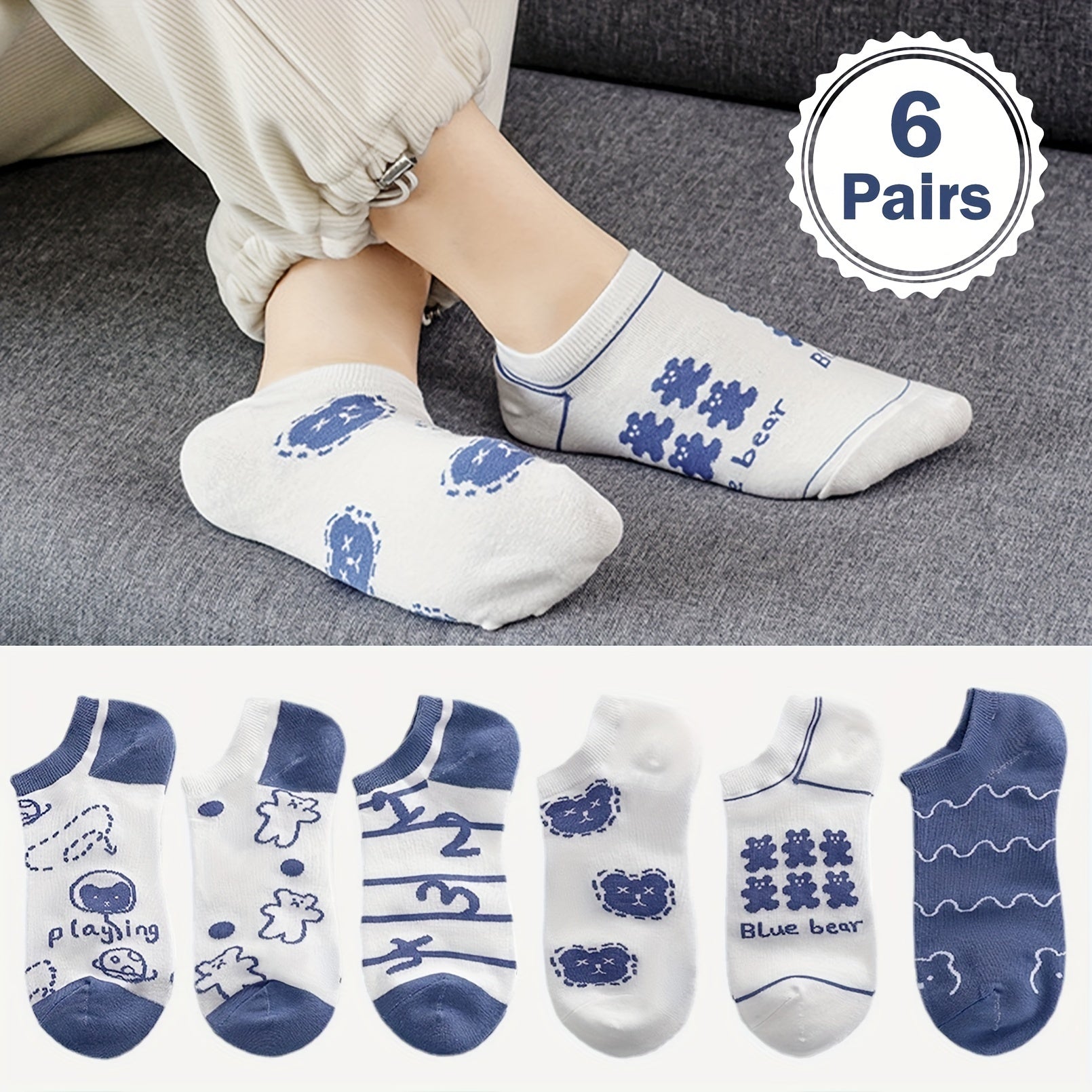 6 Pairs Bear & Bunny Print Short Socks & Ankle Socks Women's Stockings