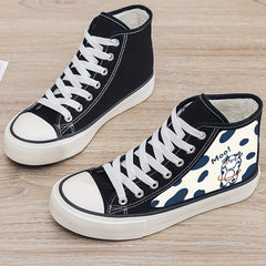 Cow Print Plush Lined Thermal Chunky Canvas Sneakers Flat High