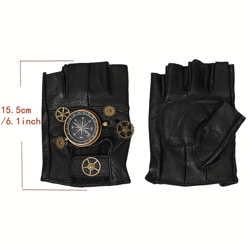 Steampunk Leather Gloves Men's Gothic Fingerless Gear Halloween Compass