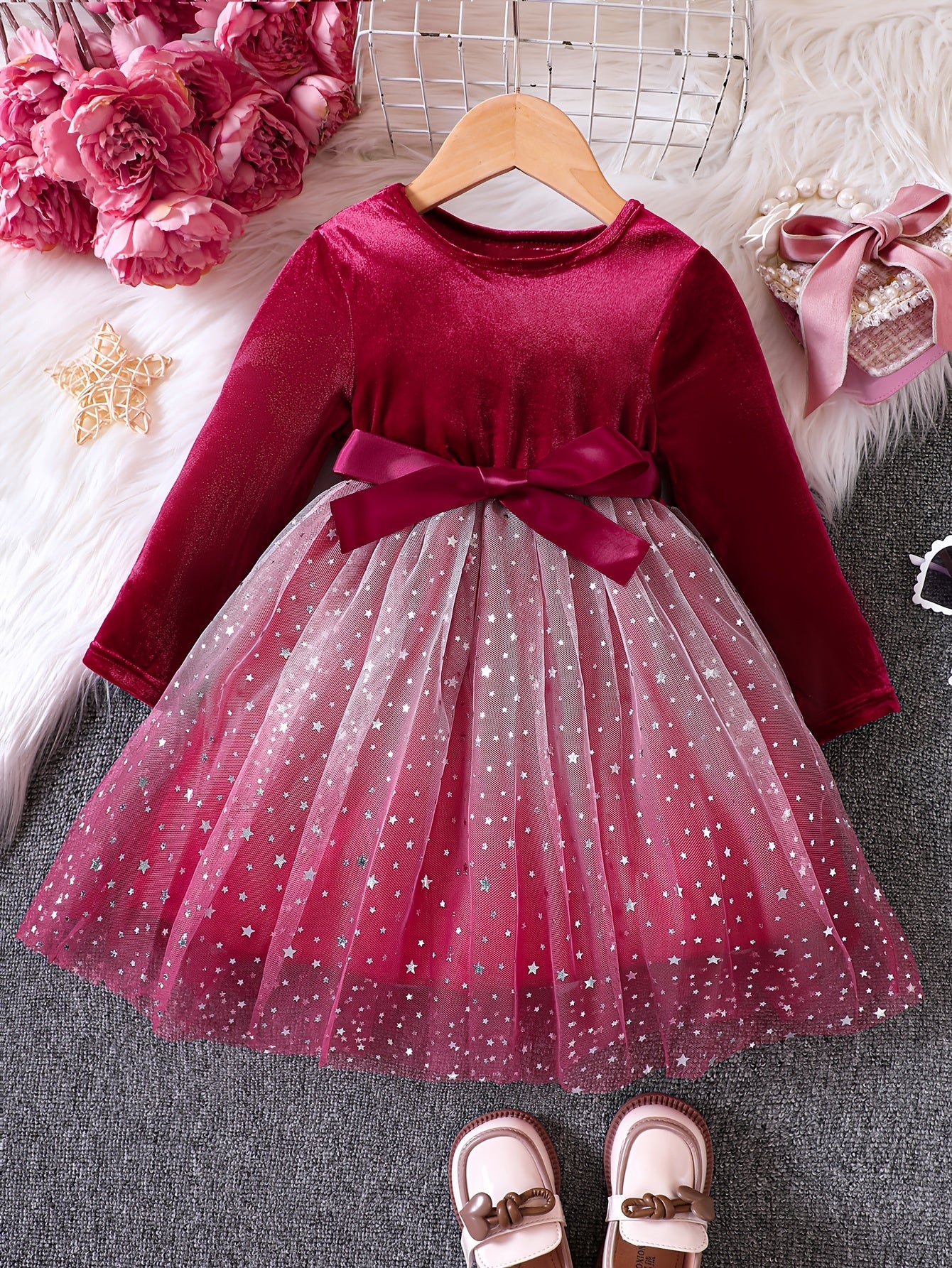 Girls Ruffled Sleeves Stars Mesh Princess Dress For Party