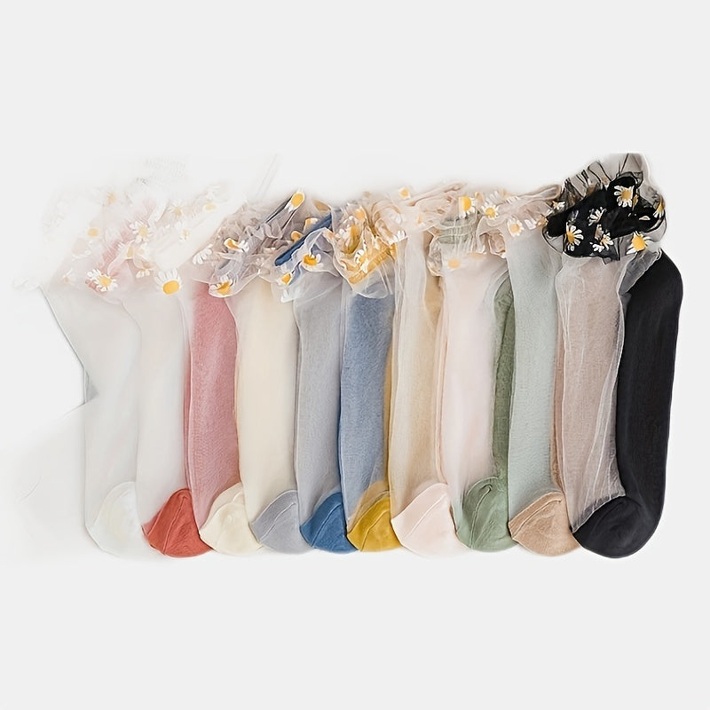 5 Pairs Floral Print Mesh Socks Sheer Ruffle Stockings Women's Hosiery